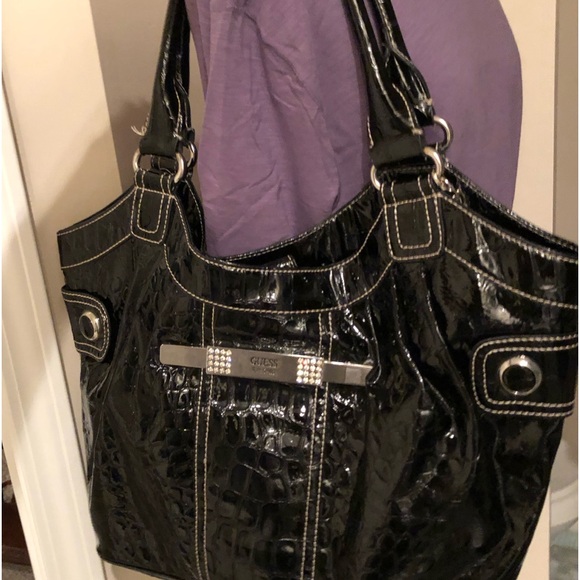 Guess Black Patent Leather Tote Shoulder Bag Large - Picture 9 of 15